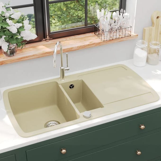 vidaXL - Gootsteen - dubbele - bakken - graniet - beige