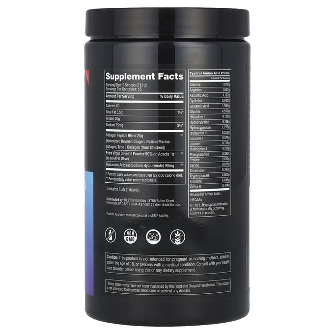 Dr. Emil Nutrition, Peptides de Collagène Multiples, Acide Hyaluronique, Non Aromatisé, 316.5g