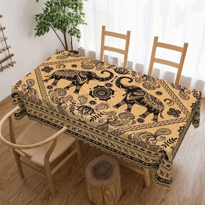 Nappe style campagnard Éléphants Fleurs Plantes Décorations de Maison Fermette Tribale Rectangle Nappe de Table pour Décoration de Table de Cuisine 100x160cm