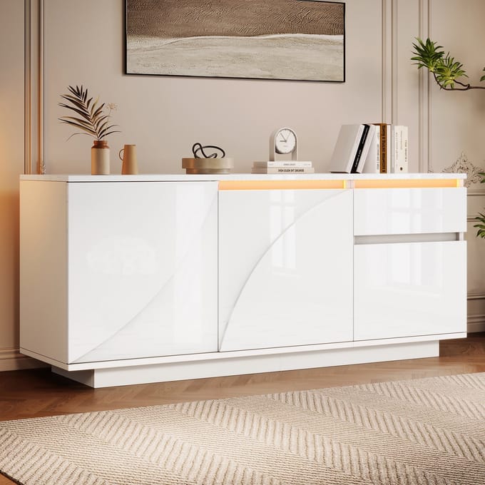 Dressoir - 140x40x60 cm - Met 3 Kasten 1 Lade LED Hoogglans - Verstelbare Planken - MDF - Wit
