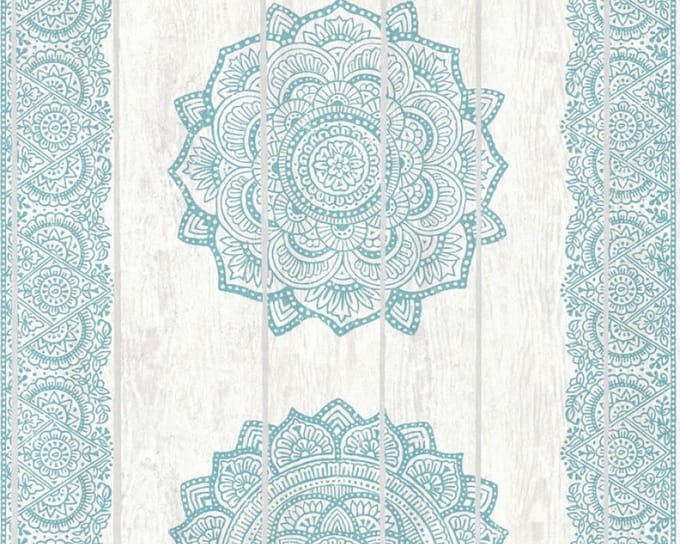 MANDALA OP HOUT BEHANG - Blauw Grijs Groen - AS Creation Boho Love