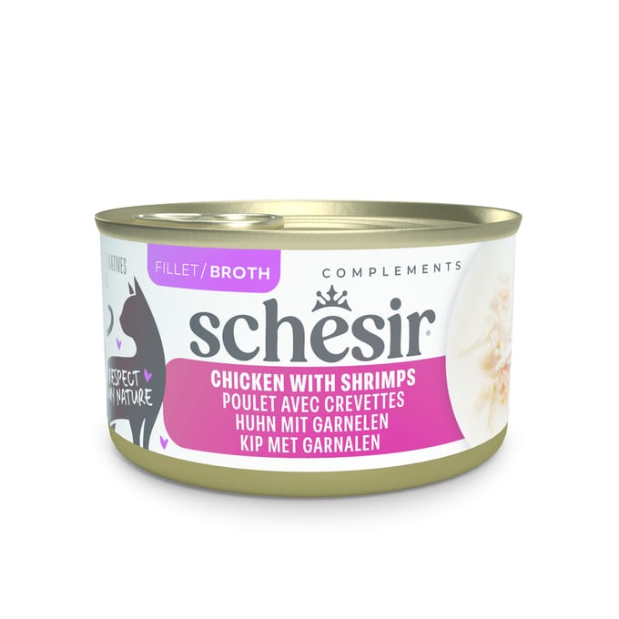 12x 70g Schesir Complements in Brühe Huhn mit Garnelen Katzenfutter nass