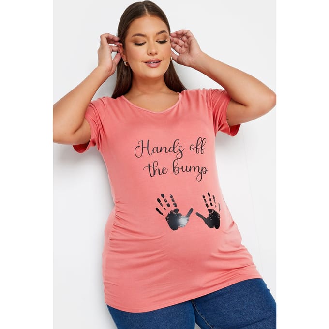 Bump It Up Maternity Tshirt Met 'Hands Off The Bump' Slogan In Roze Size 48