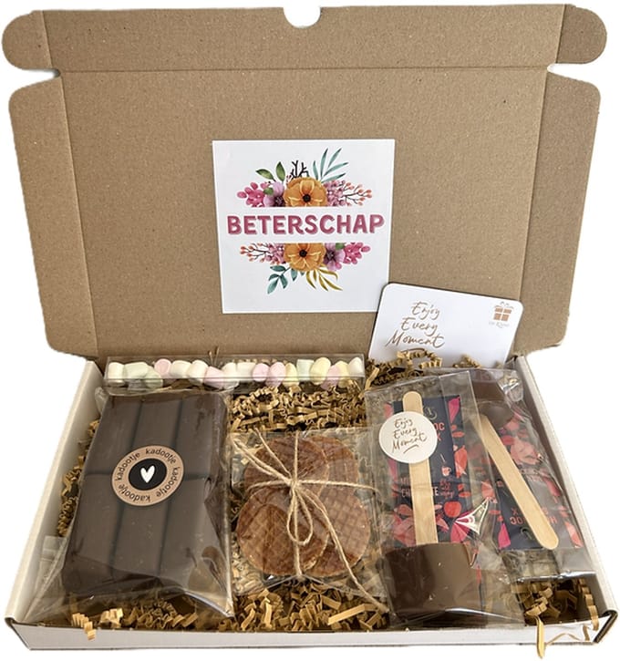 Beterschap choco brievenbus cadeau - chocolademelk - chocolade - marshmallow - stroopwafel