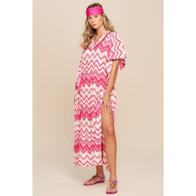 Pepita Zig zag kaftan jurk met franje