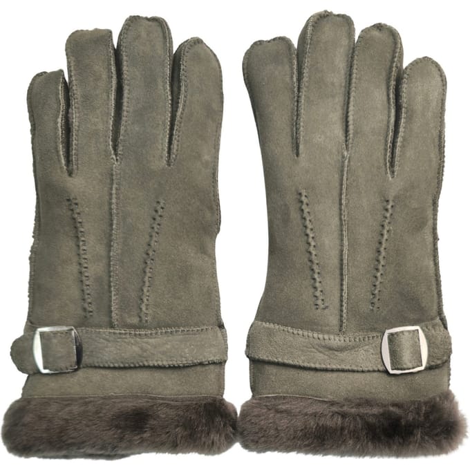 Herenhandschoenen van grijs luxe schapenvacht suède leer met gesp