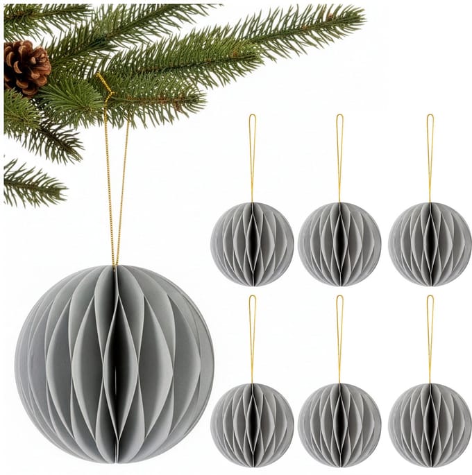 Springos Kerstbal | Papier | 8 Cm | 3D | Grijs | 6 Stuks