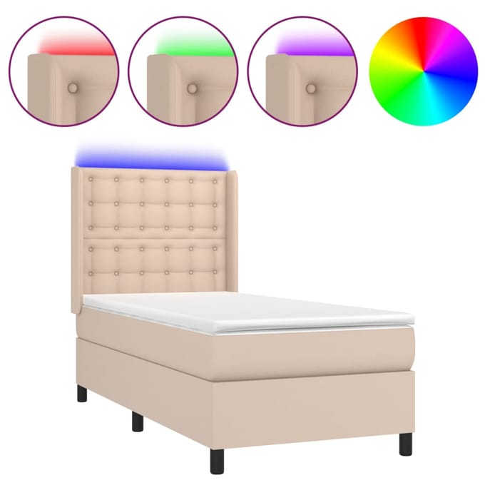 vidaXL - Boxspring - met - matras - en - LED - kunstleer - cappuccinokleur - 80x200 - cm