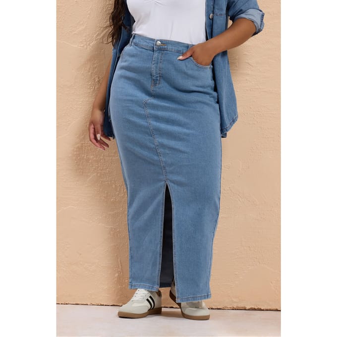 Yours Denim Maxirok Met Split Aan De Voorkant In Blauw Size 48