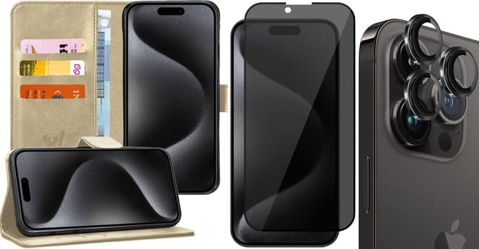 Hoesje geschikt voor iPhone 15 Pro Max - Privacy Screenprotector FullGuard & Camera Lens Screen Protector Zwart - Book Case Kunstleer Pasjeshouder Goud