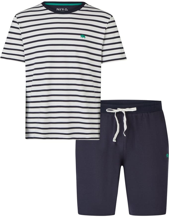 Phil & Co Heren Shortama Korte Pyjama Set Crème/Donkerblauw Gestreept - Maat L