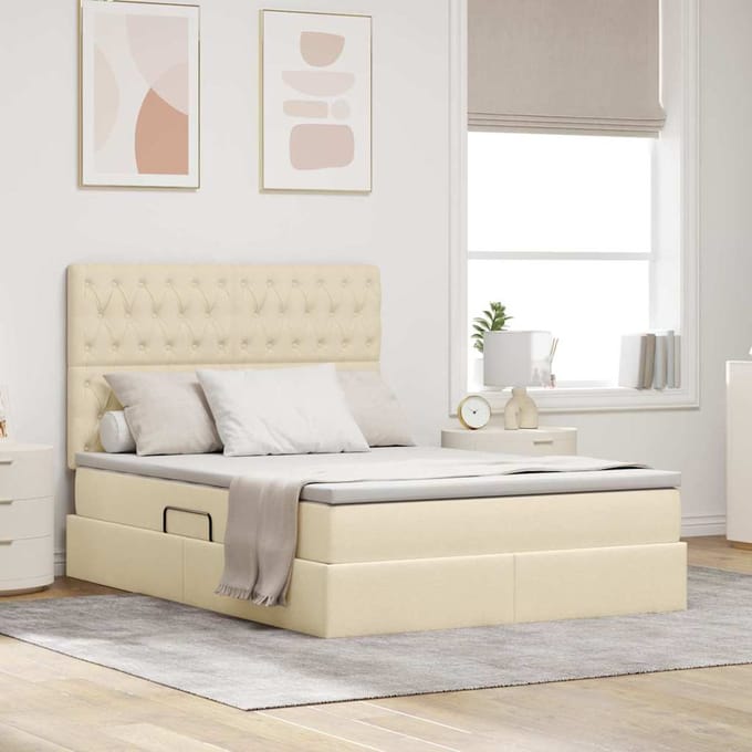 vidaXL - LED - opbergbed - met - matras - Crème - 140 - x - 200 - cm - Stof