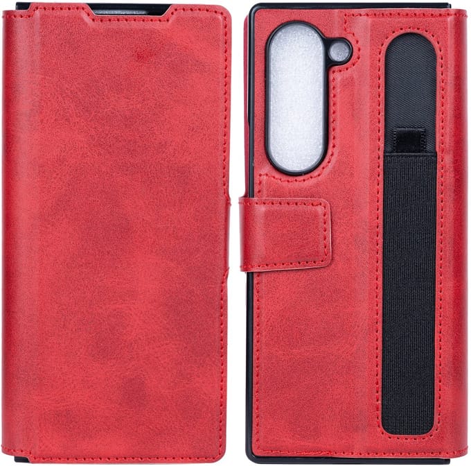 Rixus Wallet Case With Pen Holder For Samsung Galaxy Z Fold5 Red