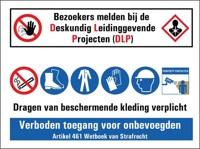Bezoekers melden bij DLP bouwplaats sticker 200 x 150 mm