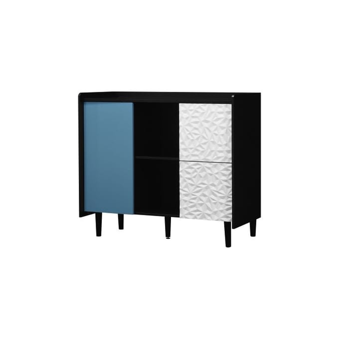 Buffet - MUVOE - Corps noir portes bleues - 2 tiroirs - Compartiment ouvert - MDF 40x90x80 cm