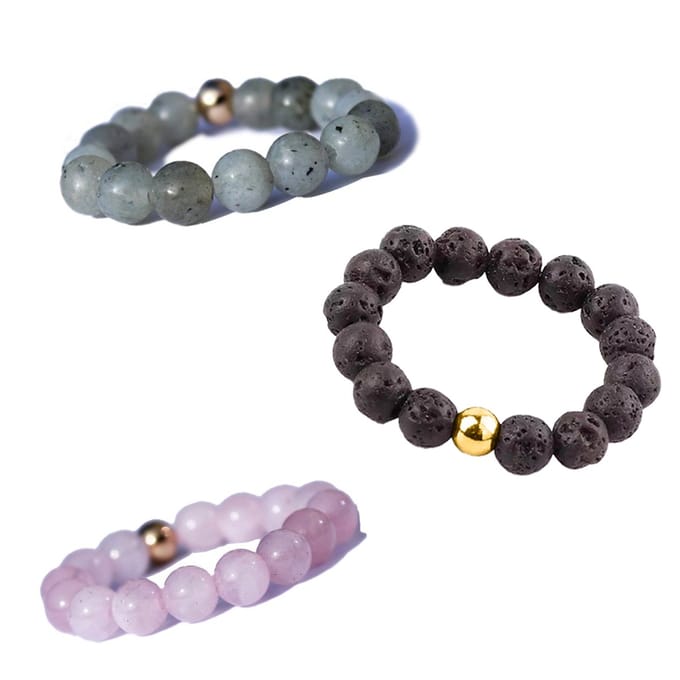 Bixorp Gems Edelstenen Ringen Set Labradoriet + Rozenkwarts + Lavasteen- Kralenring