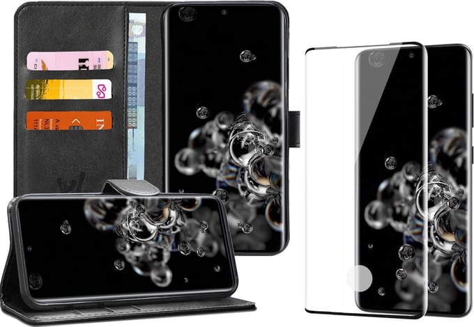 Hoesje geschikt voor Samsung Galaxy S20 Ultra - Screen Protector FullGuard - Book Case Kunstleer Pasjeshouder Zwart & Screenprotector