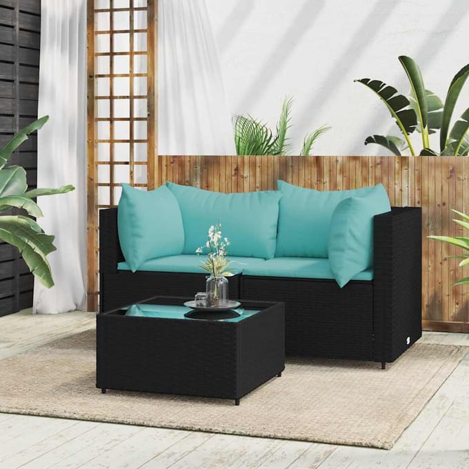 vidaXL - 3-delige - Loungeset - met - kussens - poly - rattan - zwart