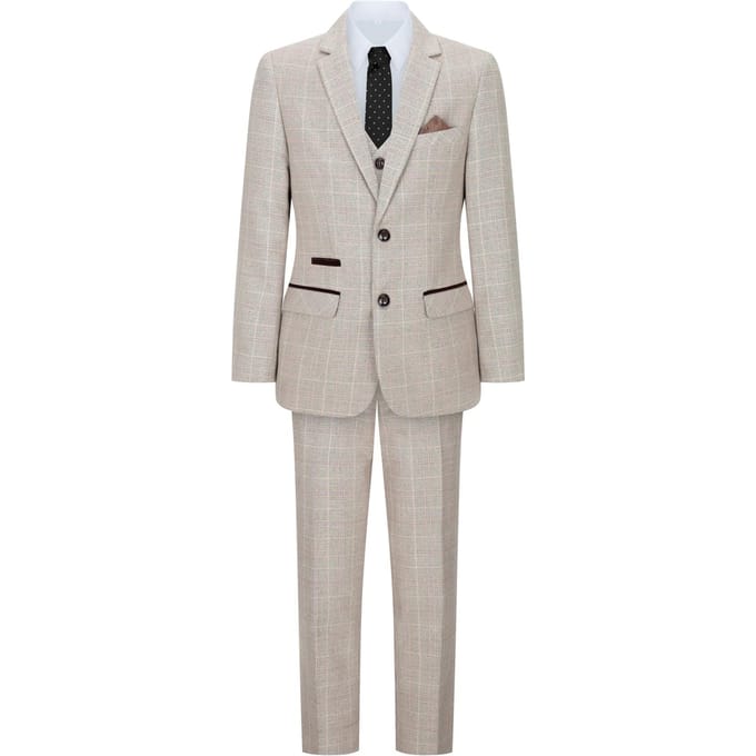 3-delig beige tweed geruit vintage retro pak voor jongens