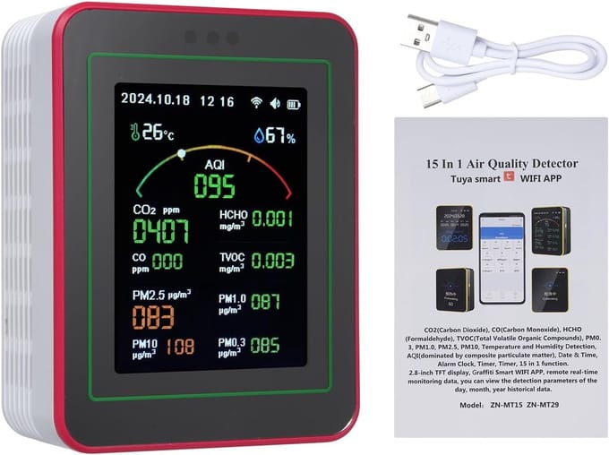 Luchtkwaliteit Tester - Multi-parameter Monitor - Thuis Kantoor - 15-in-1 Detectie WiFi - 6.5x8.3x12cm