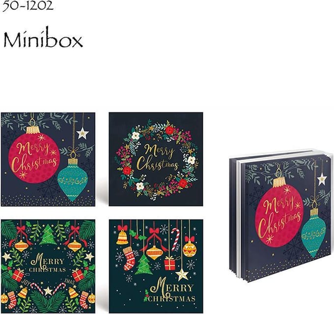 50 Luxe dubbele Kerstkaarten - 2 x 25 st - Folie - 4 motieven -  Witte envelop - 10 x 10 cm