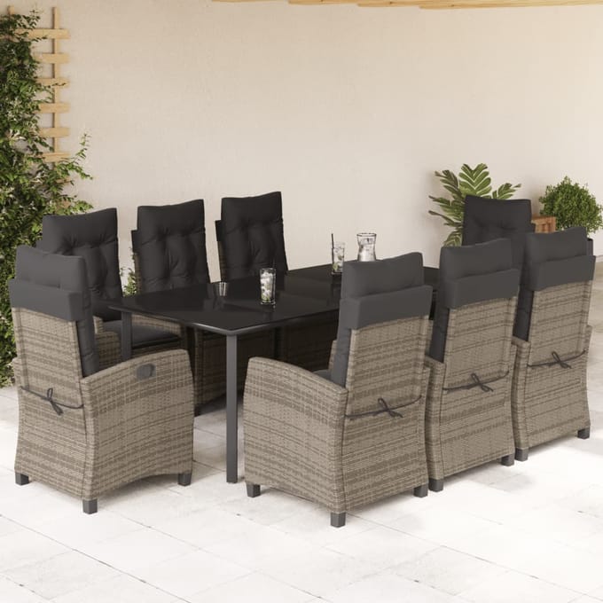 vidaXL - 9-delige - Tuinset - met - kussens - poly - rattan - grijs