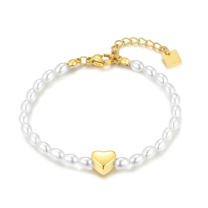Twice As Nice Armband in goudkleurig edelstaal, parels en hart 17cm+3cm