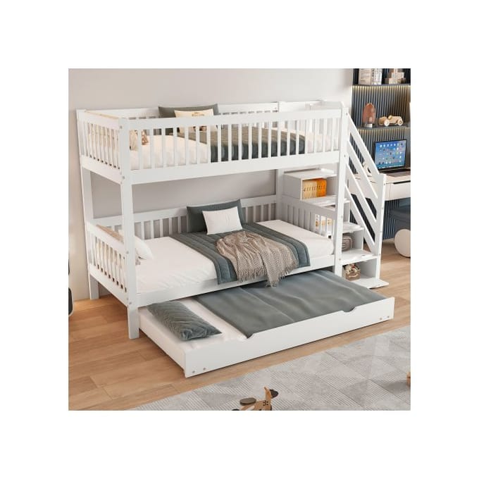 Stapelbed - 90x200/190 cm - Bed met ladderkast - Valbeugels - Massief wit hout wit