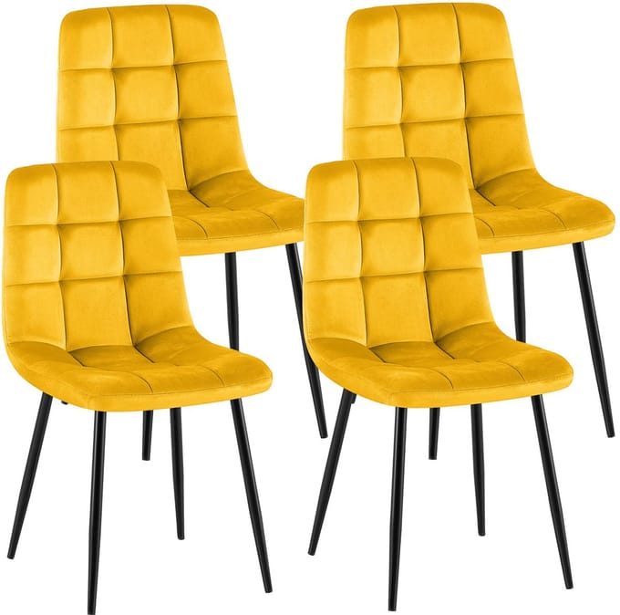 CLP Antibes Set van 4 Eetkamerstoelen - Zonder armleuning - Metaal frame - Velvet - Fluweel/geel