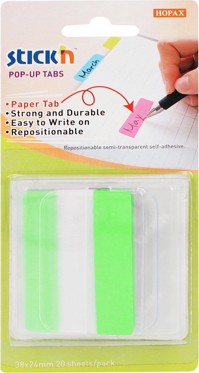 Stick'n Bladwijzers - Extra stevig - Sticky index tabs - 38x50mm - Groen - 10 tabs in houder