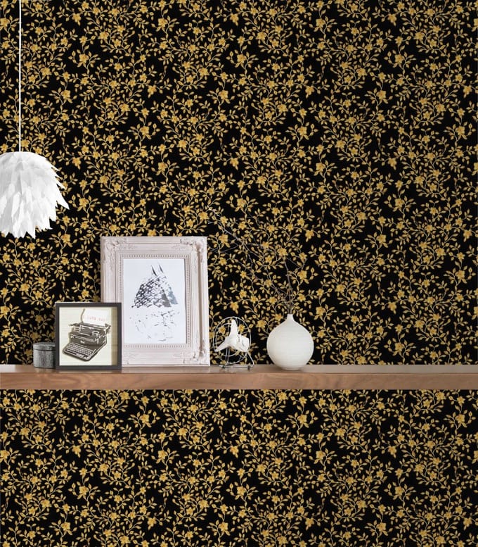 Versace behang landelijk, Zwart goud bloemenbehang