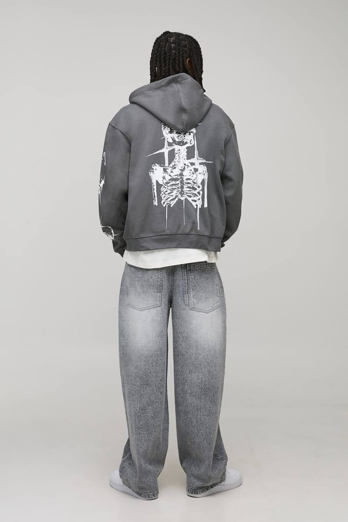 Charcoal oversized hoodie met ritssluiting en graffiti-tatoeageprint | Size Medium