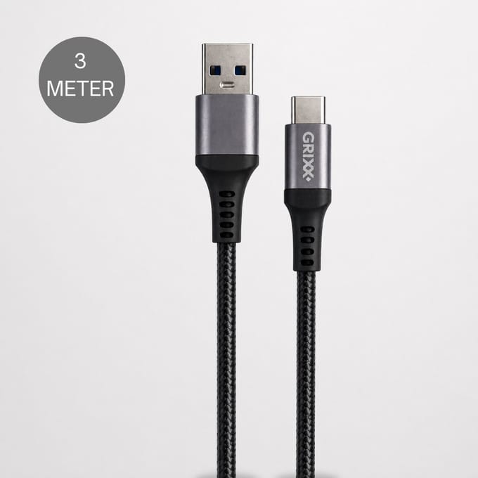 USB C kabel 3 meter - Grixx - USB C naar USB A oplaadkabel - 18W snelladen - zwart