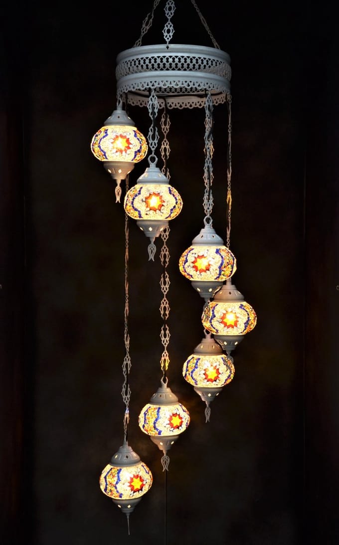 Hanglamp multicolour blauw wit glas mozaïek Oosterse lamp kroonluchter Crèmewit 7 bollen