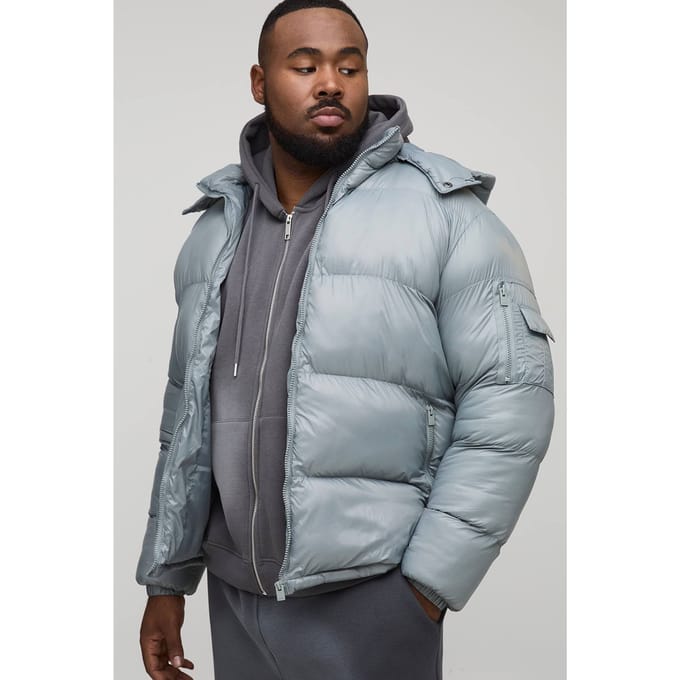 Plus High Shine Regular Fit Hooded Puffer in Grijs | Grey | Size 2XL