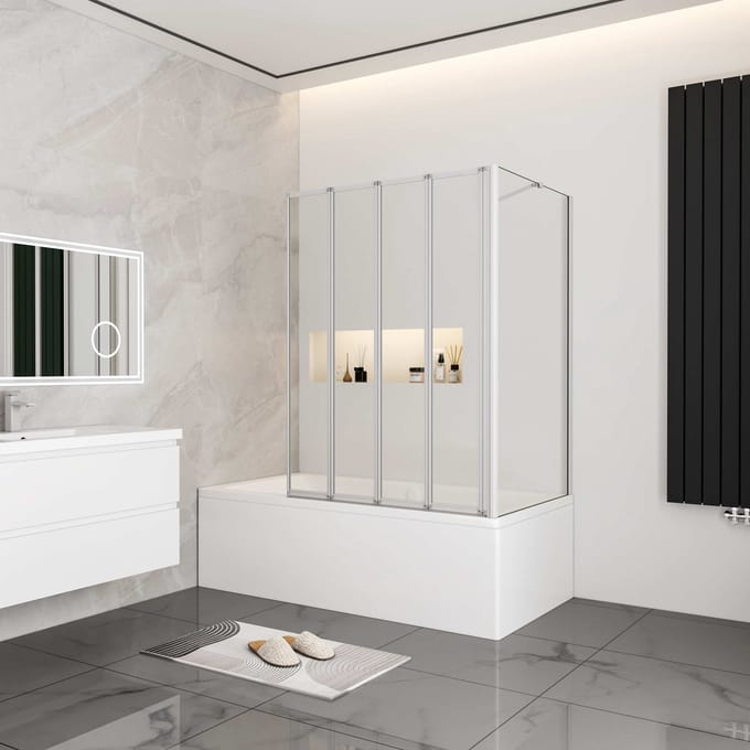 Aica Badwand 120x80x140cm 4-Delige Inklapbaar 4mm gehard glas-Grijs frame