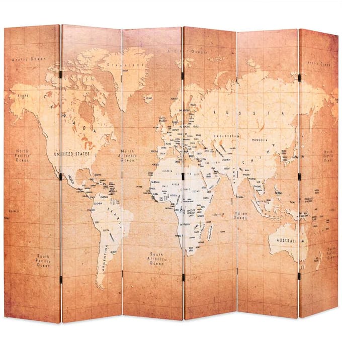 vidaXL - Kamerscherm - inklapbaar - wereldkaart - 228x170 - cm - geel
