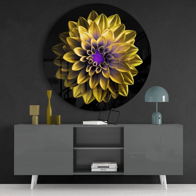 Rond Glasschilderij - Bloemen - Gele Bloem - 80 cm