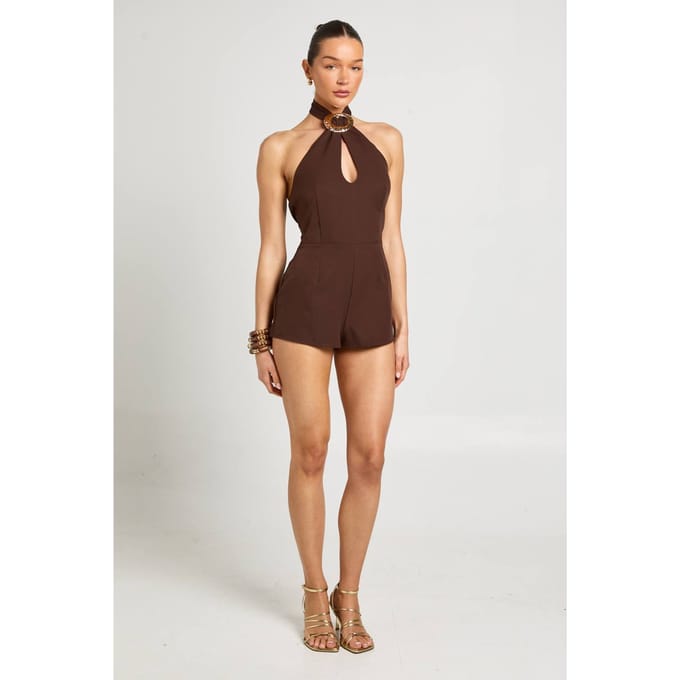 boohoo Dames Goudkleurig Afgezette Halter Playsuit | Espresso | Maat: 44