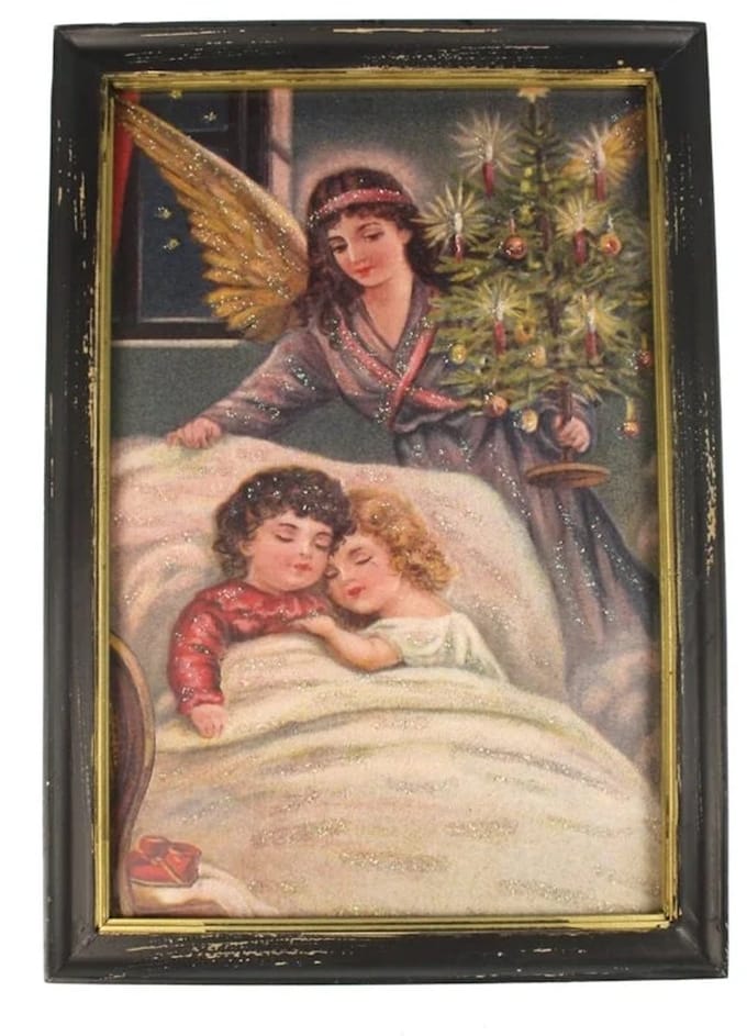 Lijstje hout zwart Slapend kinderen met engel, 34x23,5cm