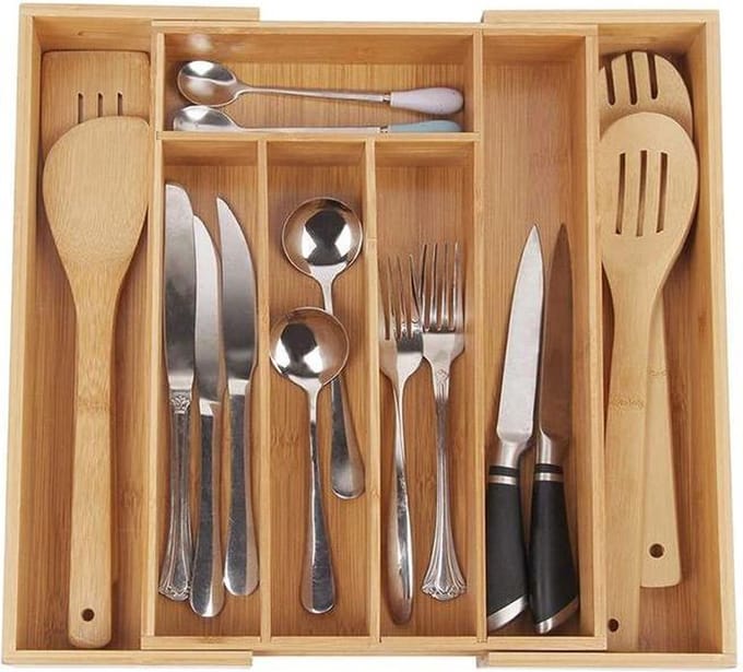 QUVIO Bestekbak organizer hout - verstelbaar 32.5-47cm - Houtkleur