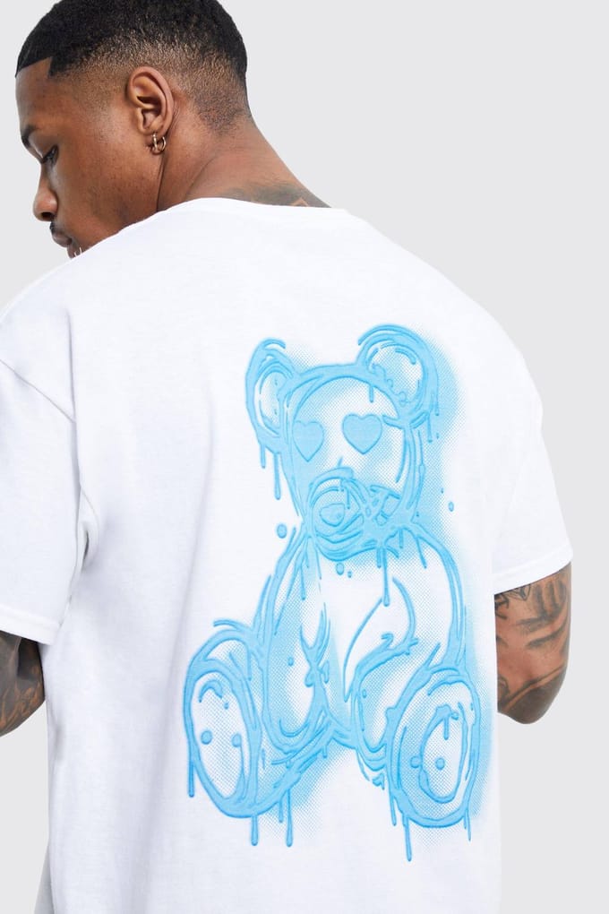 Regular Fit Spray On Teddy Graphic T-shirt | White | Size Medium
