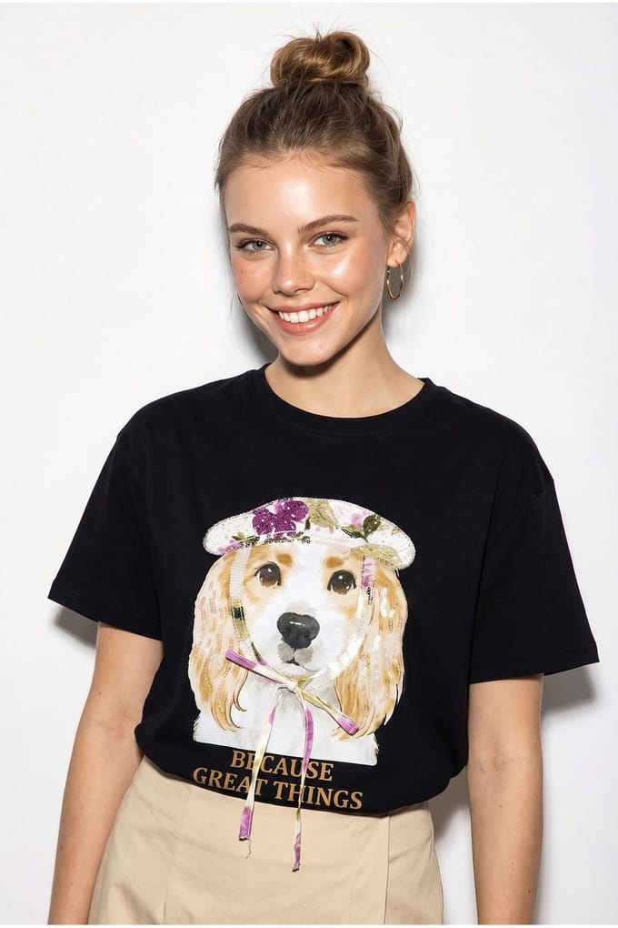 Pailletten Bedrukt T-shirt met Ronde Hals