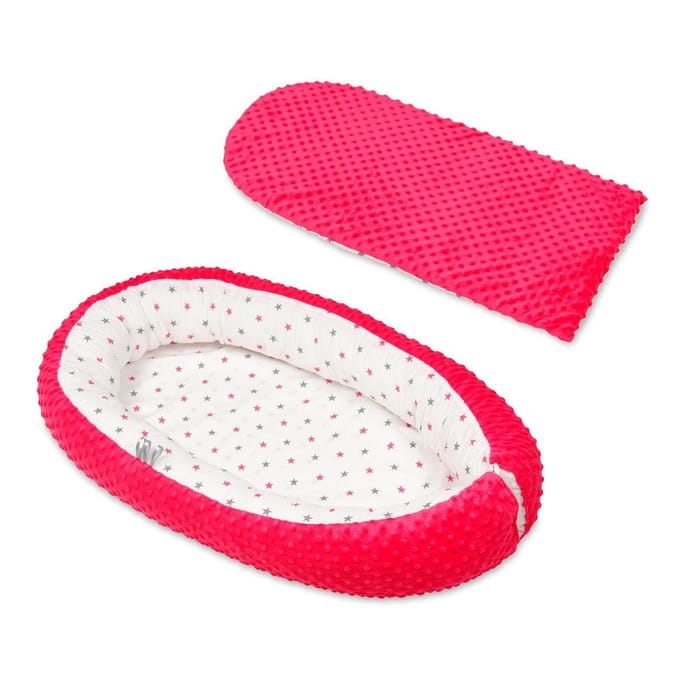 Babynestje - roze wit - minky dot en sterren - met uitneembaar matras