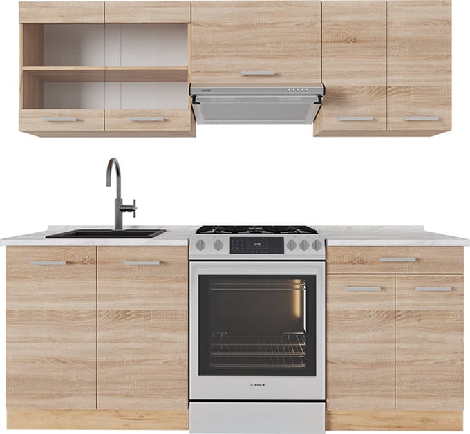 Vicco R-Line Complete keukeneenheid – 200 cm, WB Marmer Sonoma/Goudkraft eik