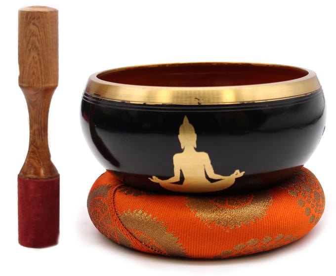 Grote Boeddha klankschalenset - Zwart/Oranje 14 cm