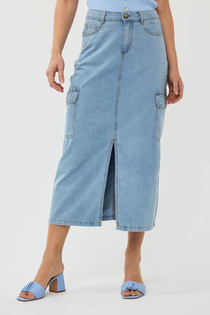 EsQualo Skirt Cargo Midi Jeans Blue Maat: 46 | Midi Rokken Outlet | Dames | Blauw