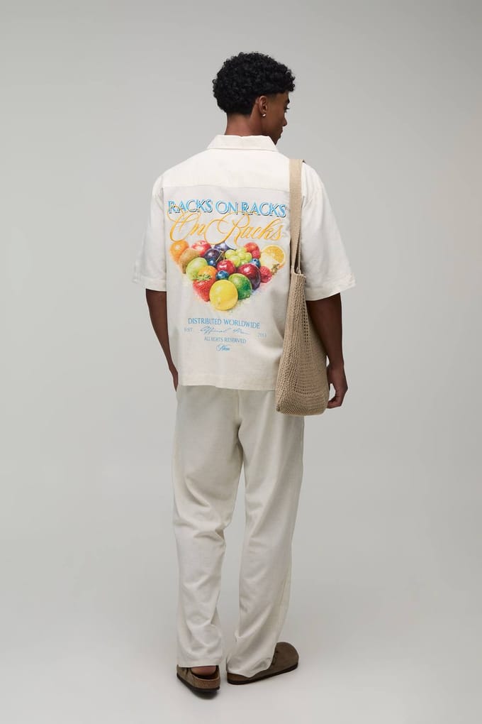 Oversized Shirt Met Halve Mouw En Ontspannen Broek Set Met Fruitprint | Natural | Size Medium