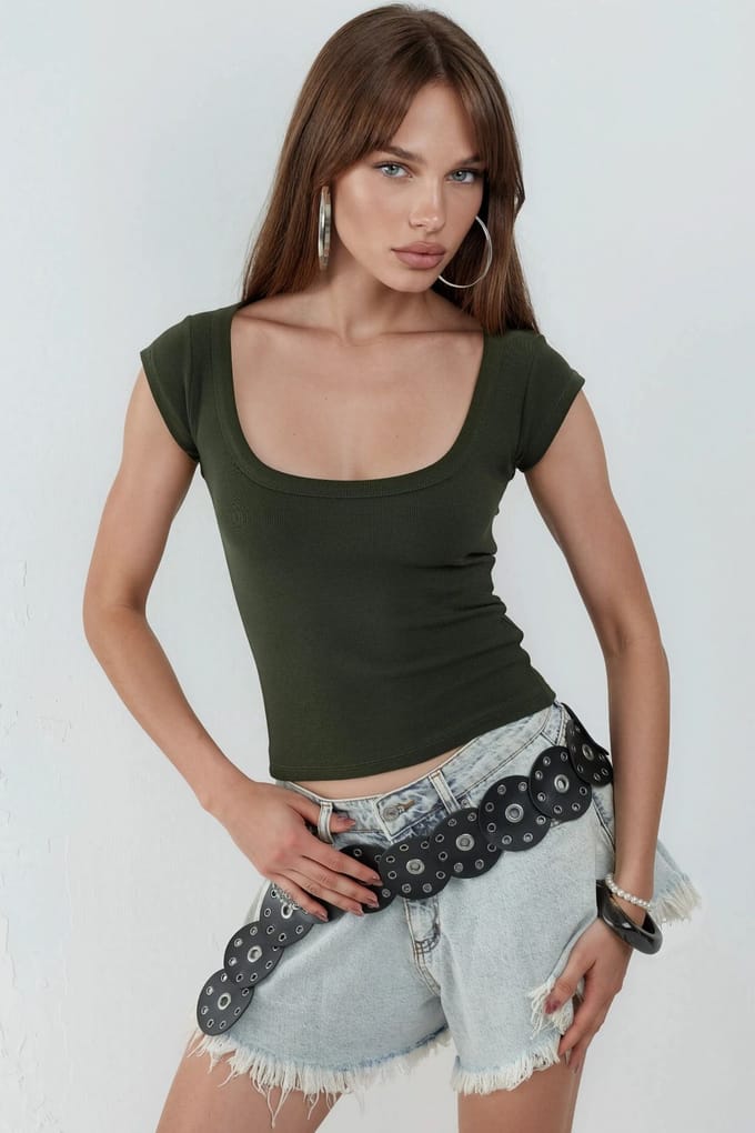 Slim Fit Ribbel U-Hals Blouse