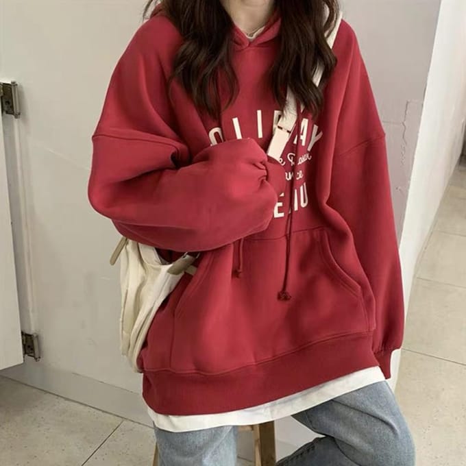 Sweat-shirt à capuche fin pour femme, ample, Version coréenne, couleur unie, imprimé, automne M rouge